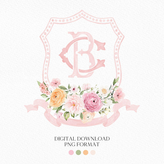 Wildflowers Bright Floral Colorful Watercolor Wedding Crest - Monogram Crest - Watercolor Blush and Pink Floral Watercolor Wedding Crest