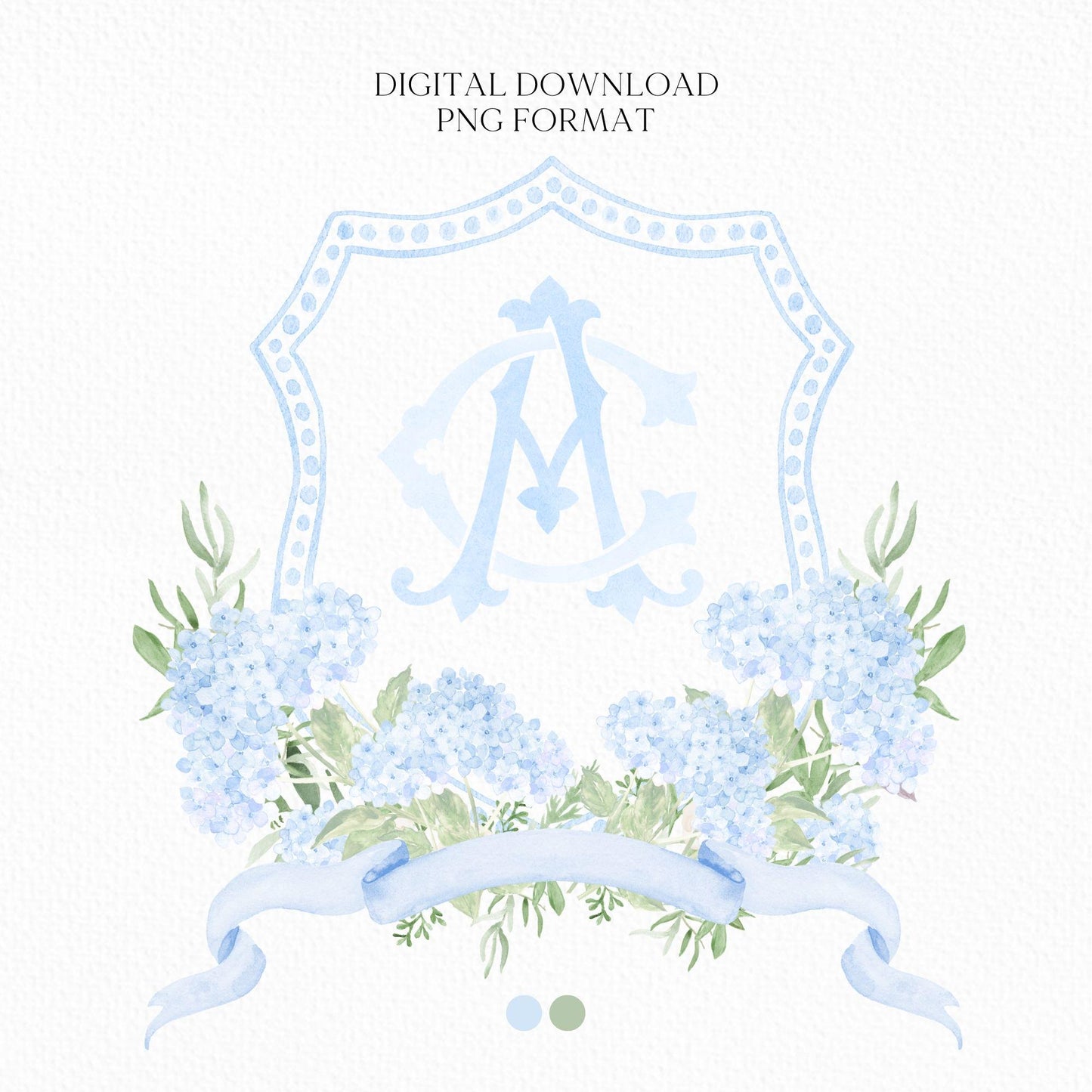 Blue Hydrangea Flower Wedding Crest - Monogram Crest - Hydrangea Light Blue Floral Luxury Watercolor Wedding Crest - Romantic Wedding Crest