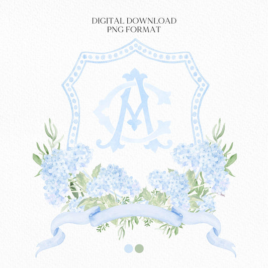 Blue Hydrangea Flower Wedding Crest - Monogram Crest - Hydrangea Light Blue Floral Luxury Watercolor Wedding Crest - Romantic Wedding Crest