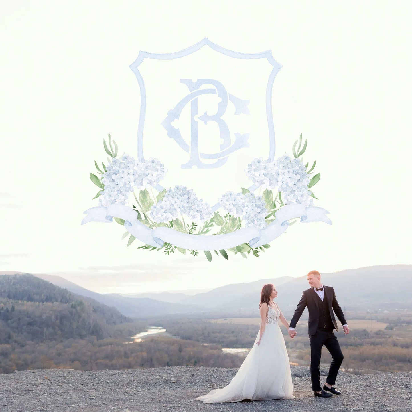 Blue Hydrangea Flower Wedding Crest - Monogram Crest - Hydrangea Light Blue Floral Luxury Watercolor Wedding Crest - Romantic Wedding Crest