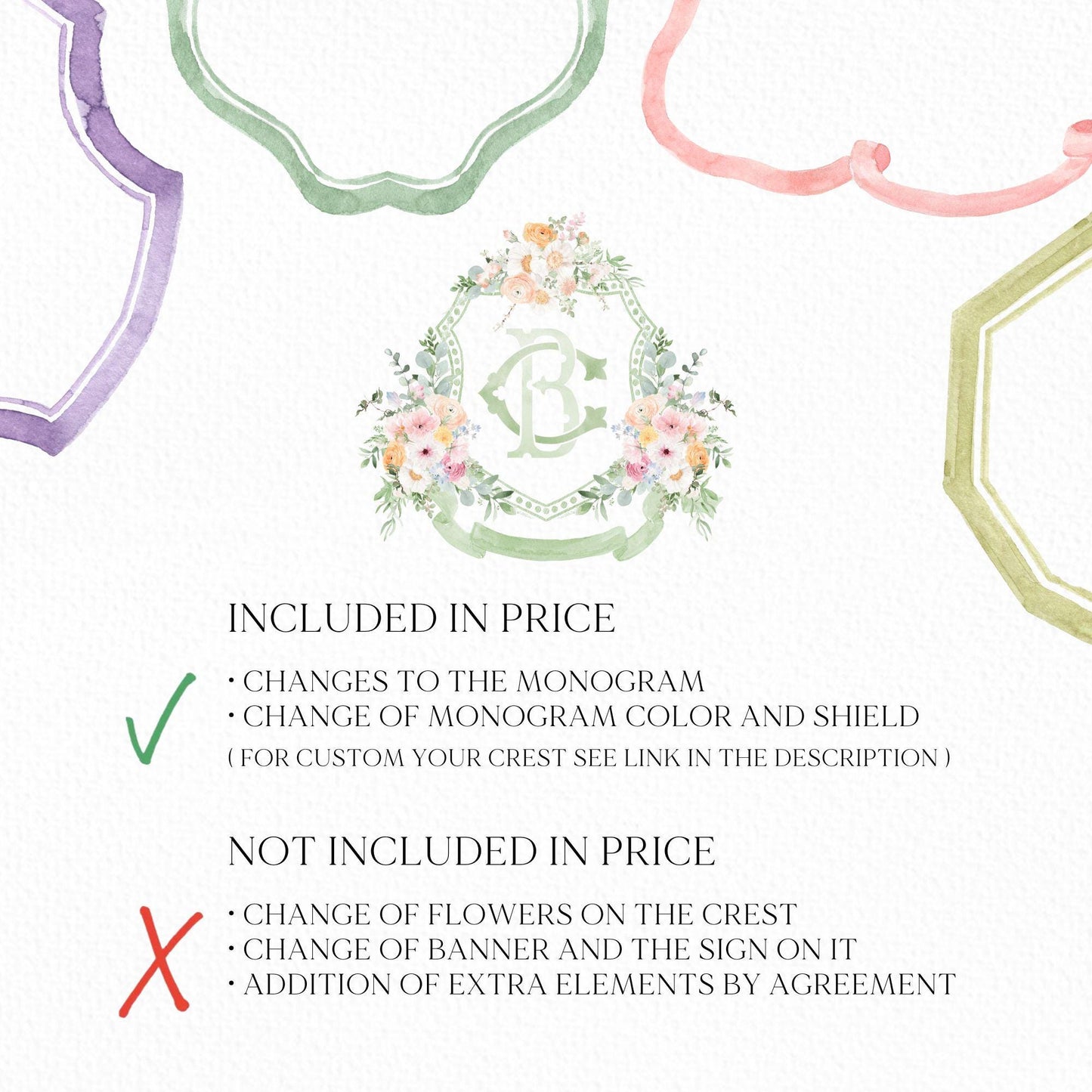 Wildflower Prink Spring Flower Wedding Crest - Monogram Crest - Wildflower bohemian Floral Watercolor Wedding Crest - Romantic Wedding Crest