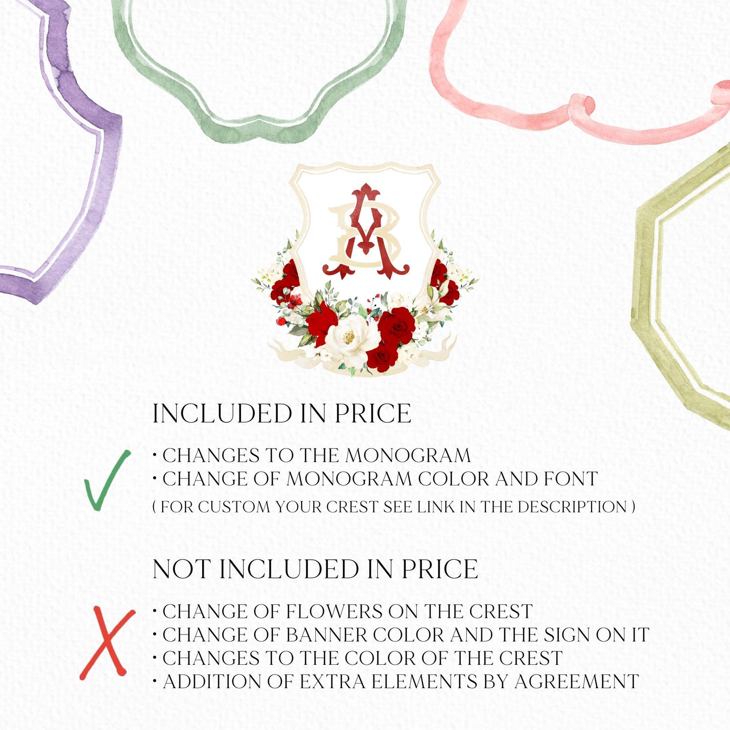 ROSIE - Red and White Roses Flower Wedding Crest - Monogram Crest - Floral Luxury Watercolor Wedding Crest - Romantic Wedding Crest