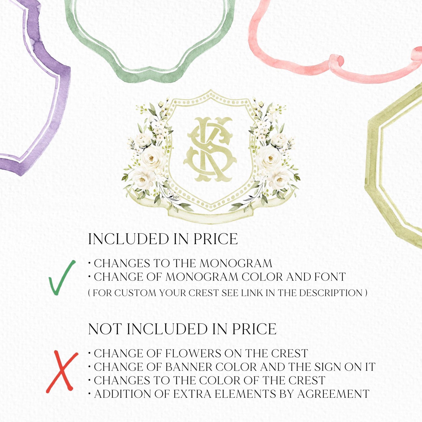 Creamy Rose Ivory Greenery White Flower Wedding Crest - Monogram Crest - White Floral Watercolor Wedding Crest - Romantic Wedding Crest