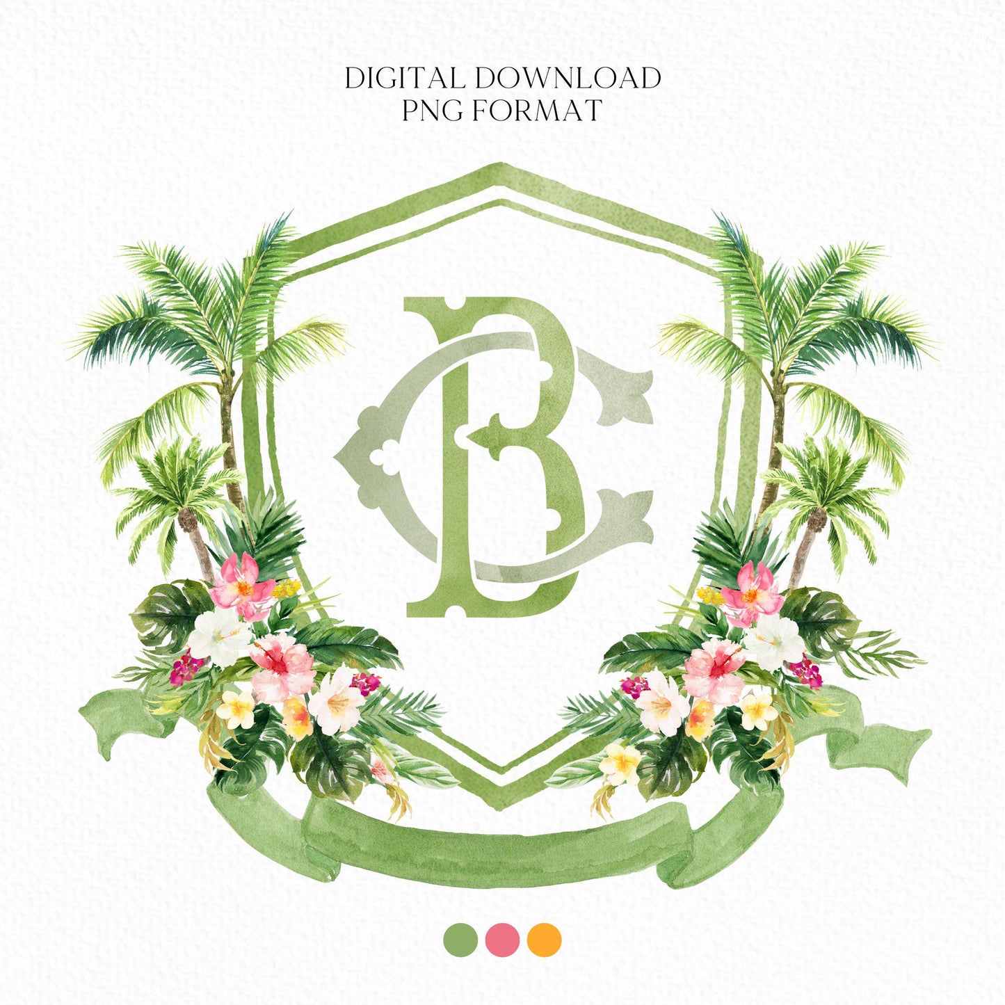 Tropical Watercolor Flowers Wedding Crest - Monogram Crest - Greenery Floral Blue Watercolor Wedding Crest - Romantic Wedding Crest