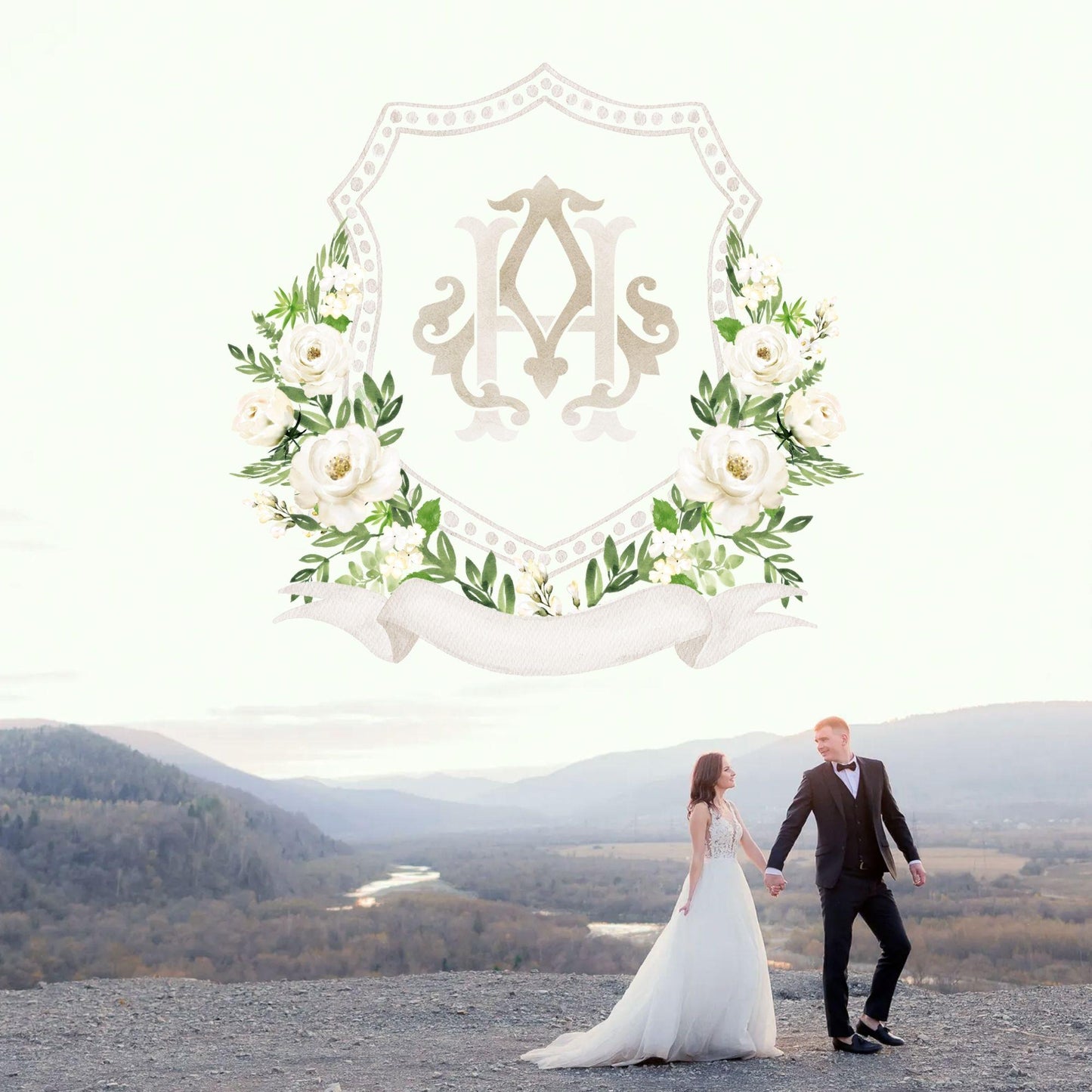 White Rose Greenery White Flower Wedding Crest - Monogram Crest - White Floral Watercolor Wedding Crest - Romantic Wedding Crest