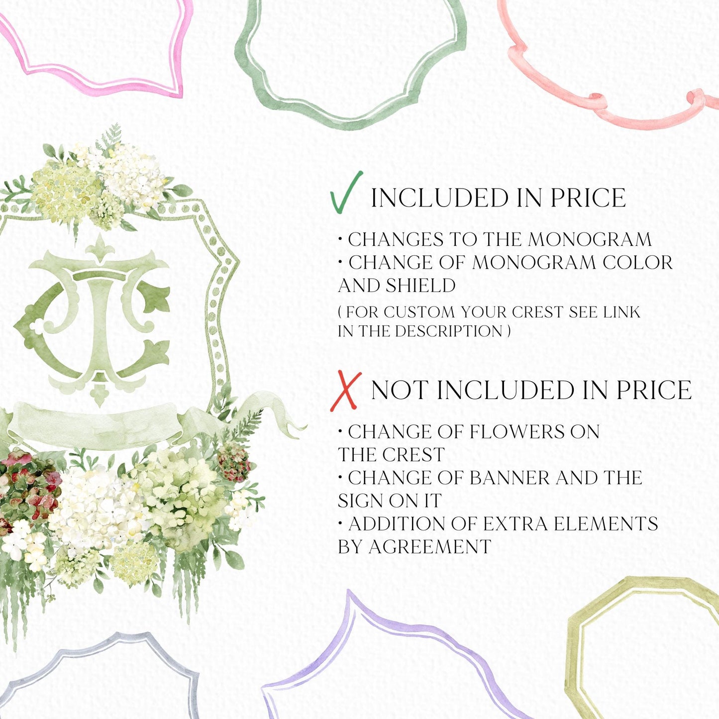 Hydrangea Macrophylla Green Flower Wedding Crest, Monogram Crest, Lush bright Greenery Floral Watercolor Wedding Crest, Hydrangea Crest
