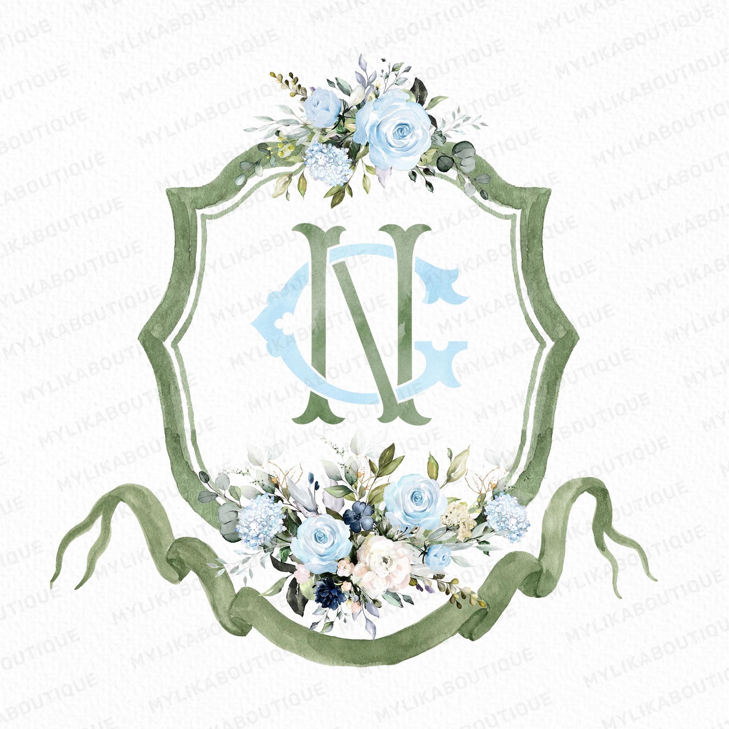 Soft Blue Roses Eucalyptus Flower Wedding Crest - Monogram Crest - Blue Floral Luxury Watercolor Wedding Crest - Romantic Wedding Crest