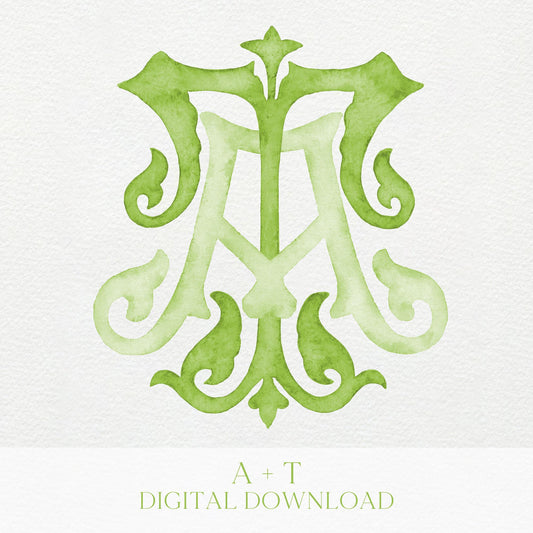 Watercolor Wedding Monogram TA/AT – Elegant Initial Crest (Digital Download)