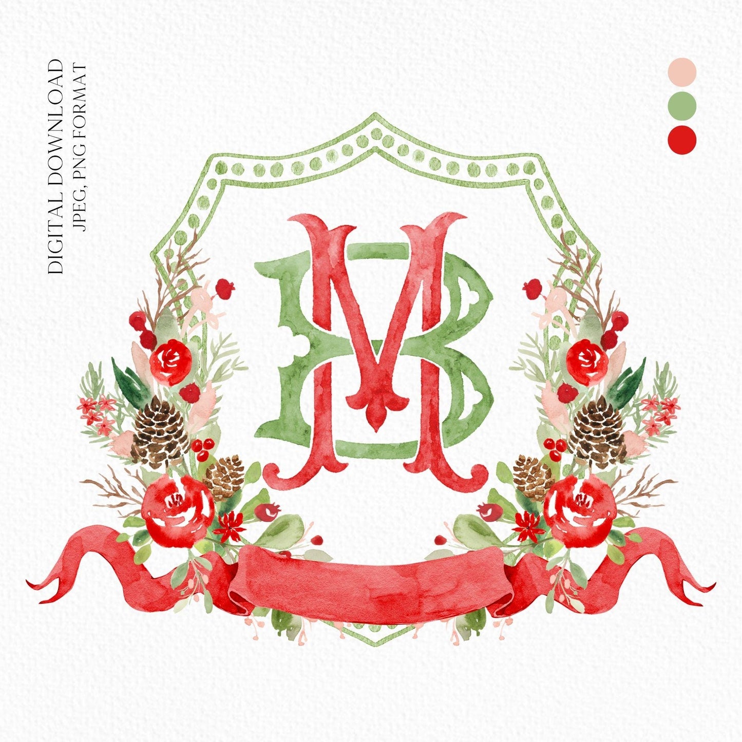 Custom Monogram Christmas Wedding Crest - Rose Hips Floral Watercolor - Winter Christmas Watercolors Crests