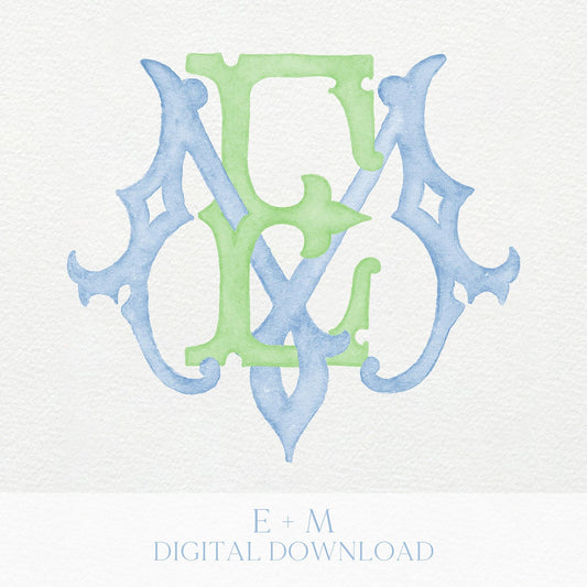 Watercolor Wedding Monogram EM - Classic Style (Digital Download)