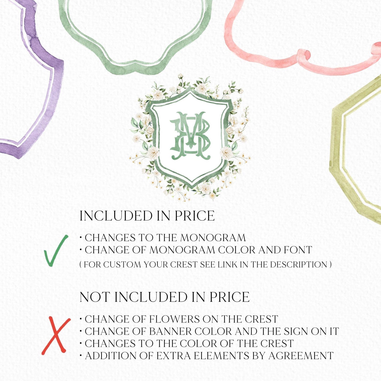 White Rose Greenery White Flower Wedding Crest - Monogram Crest - White Floral Watercolor Wedding Crest - Romantic Wedding Crest