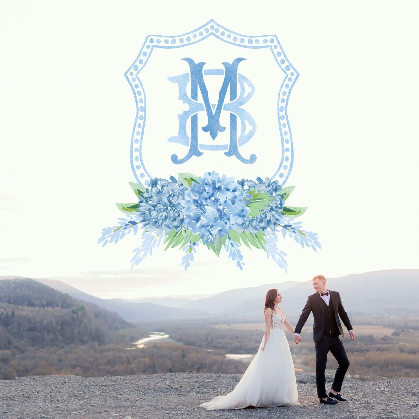 Hydrangea Blue Wedding Crest - Monogram Crest - Hydrangea Floral Luxury Watercolor Wedding Crest - Romantic Wedding Crest