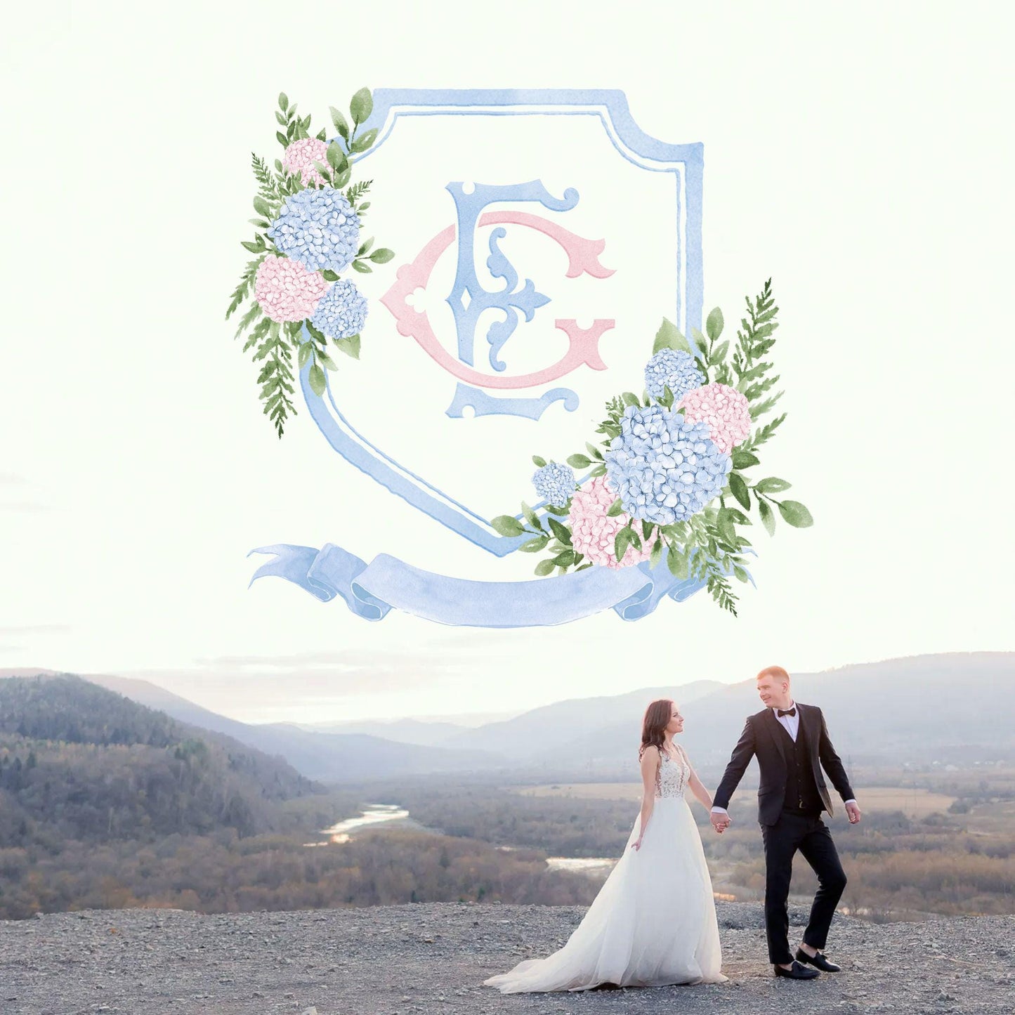 Blue Pink Hydrangea Flower Wedding Crest - Monogram Crest - Eucalyptus Greenery Hydrangea Floral Luxury Watercolor Wedding Crest