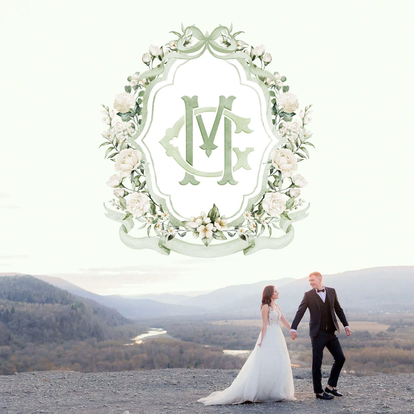 White Rose Greenery White Flower Wedding Crest - Monogram Crest - White Floral Watercolor Wedding Crest - Romantic Wedding Crest
