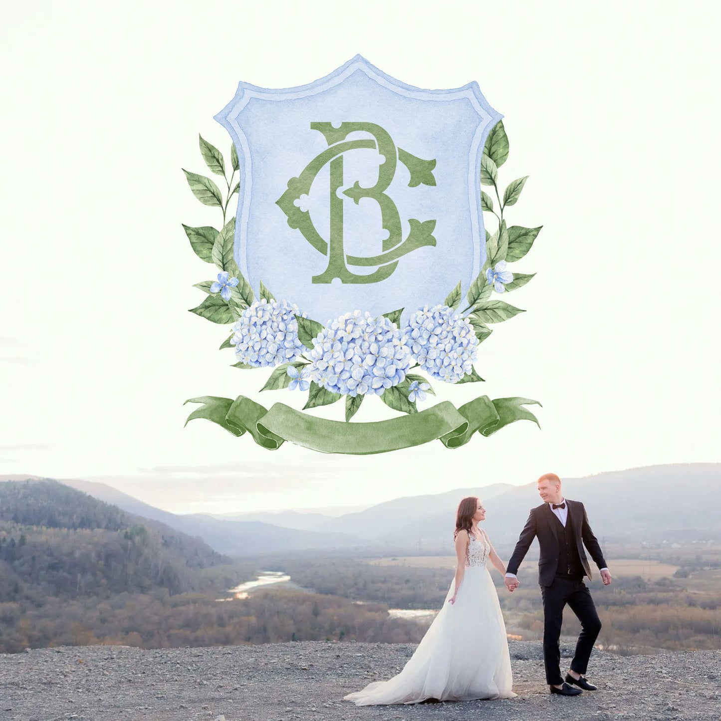 Hydrangea Flower Wedding Crest - Monogram Crest - Hydrangea Floral Luxury Watercolor Wedding Crest - Romantic Wedding Crest- Boho Hydrangea