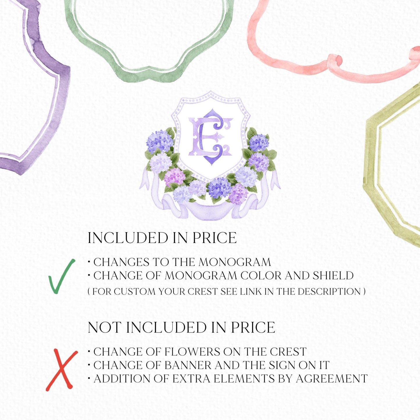 Watercolor Purple Hydrangea Flower Wedding Crest - Monogram Crest - Hydrangea Floral Watercolor Wedding Crest - Romantic Wedding Crest
