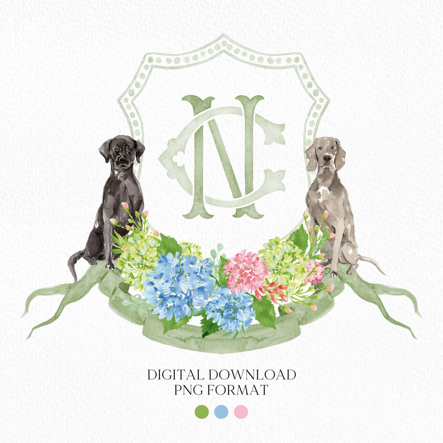Hydrangea Blue Pink Wedding Crest - Monogram Crest - Hydrangea Green Floral Luxury Watercolor Wedding Crest - Romantic Wedding Crest