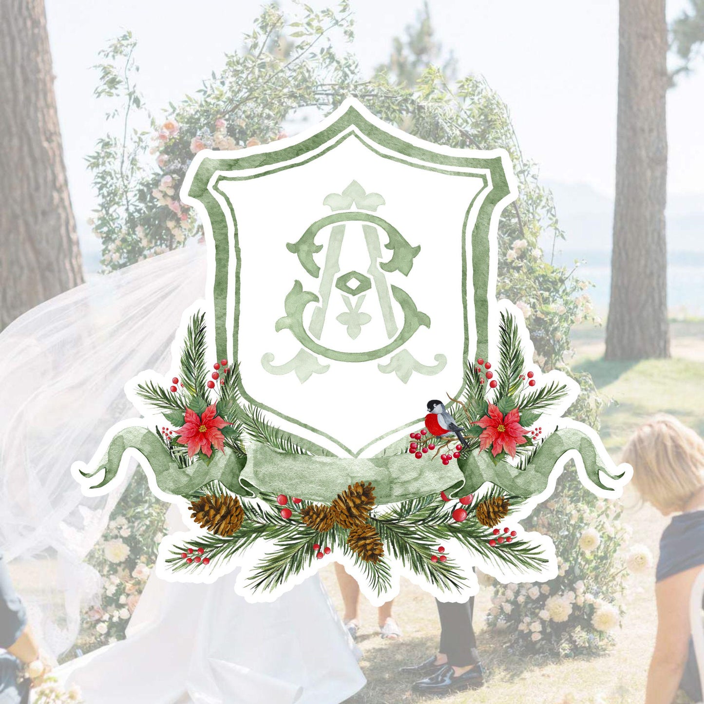 Custom Christmas Wedding Crest - Monogram Crest - Rose Hips Floral Watercolor Wedding Crest - Winter Christmas Wedding Crest - Winter Crest