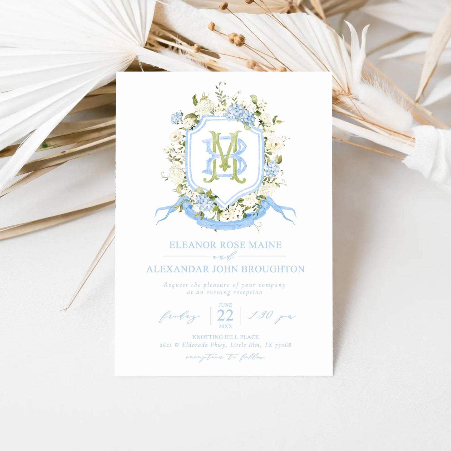 Light Blue Hydrangea Flower Wedding Crest - Monogram Crest - Hydrangea Floral Luxury Watercolor Wedding Crest - Romantic Wedding Crest