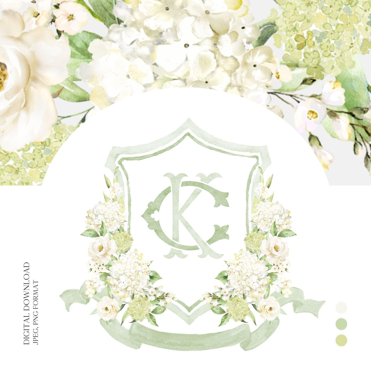 Green White Blue Hydrangea Flower Wedding Crest - Monogram Crest - Hydrangea Floral Luxury Watercolor Wedding Crest - Romantic Wedding Crest