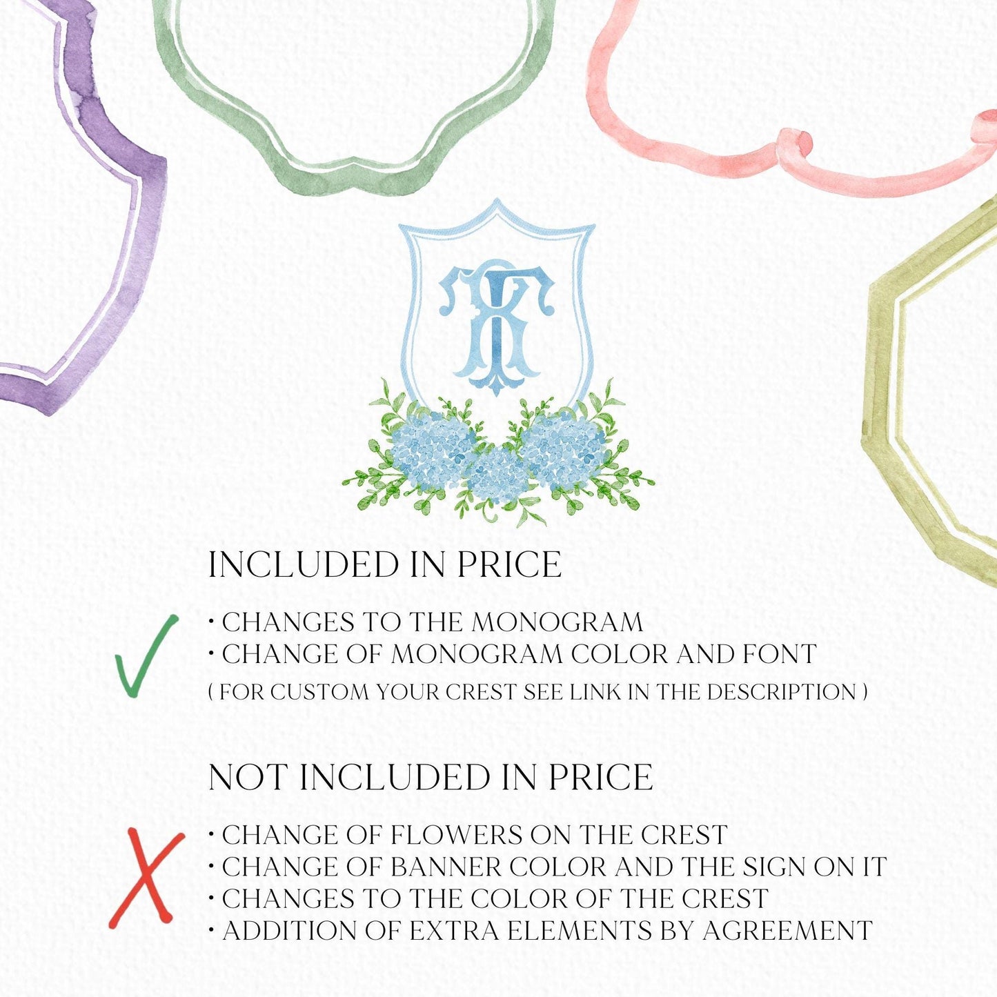 Blue Hydrangea Flower Greenery Wedding Crest - Monogram Crest - Hydrangea Floral Luxury Watercolor Wedding Crest - Romantic Wedding Crest