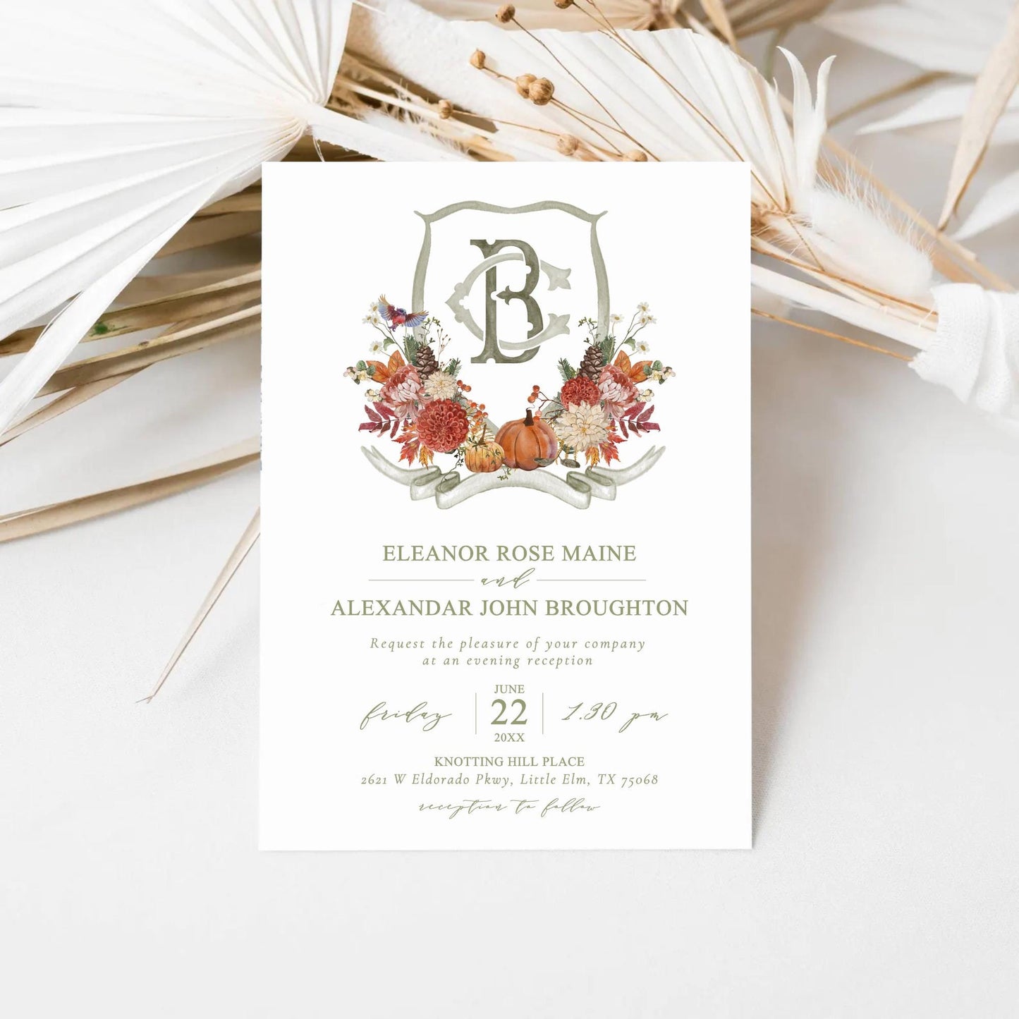Autumn Watercolor Flower Leaf Wedding Crest - Monogram Crest - Rustic Fall Floral Luxury Watercolor Wedding Crest - Pumpkins Wedding Crest