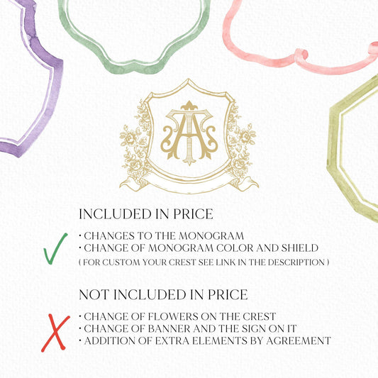 Vintage Gold Botanicals Roses Flower Crest - Monogram Crest - Botanicals Floral Luxury Line art Wedding Crest - Romantic Wedding Crest