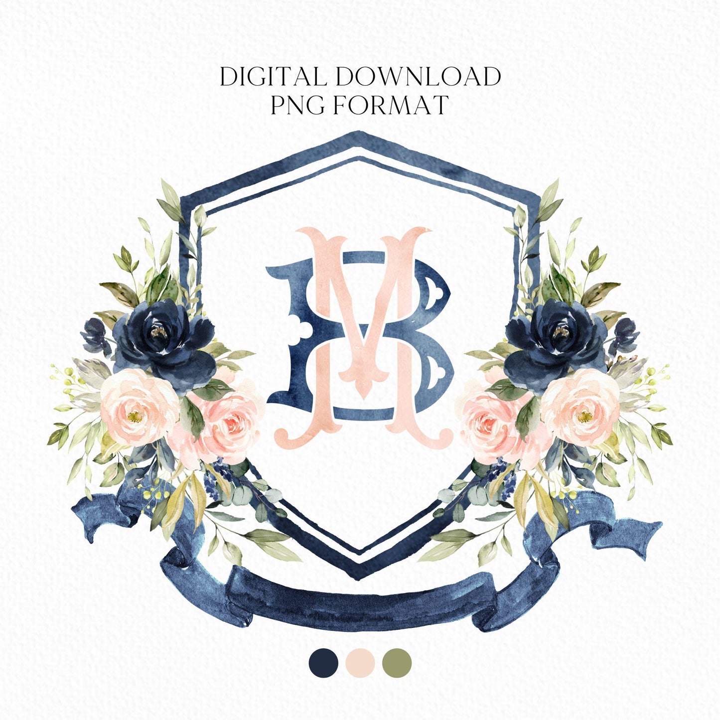 Blush Pink & Navy Floral Watercolor Wedding Crest - Monogram Crest - Navy Floral Luxury Watercolor Wedding Crest - Romantic Wedding Crest