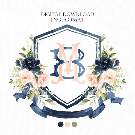 Blush Pink & Navy Floral Watercolor Wedding Crest - Monogram Crest - Navy Floral Luxury Watercolor Wedding Crest - Romantic Wedding Crest