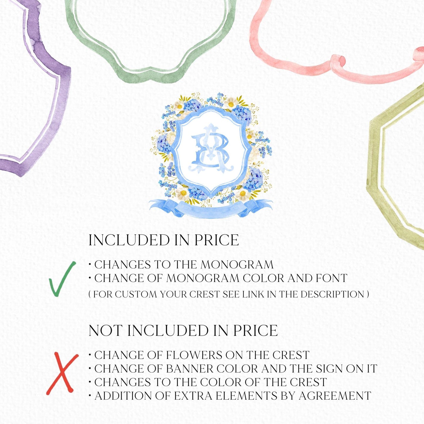 Blue White Hydrangeas Floral Wedding Crest - Monogram Crest - Hydrangea Floral Luxury Watercolor Wedding Crest - Romantic Wedding Crest