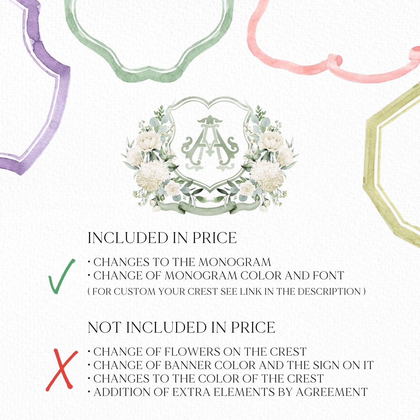 Hydrangea White Rose Greenery Flower Wedding Crest - Monogram Crest - Hydrangea White Floral Watercolor Wedding Crest Romantic Wedding Crest