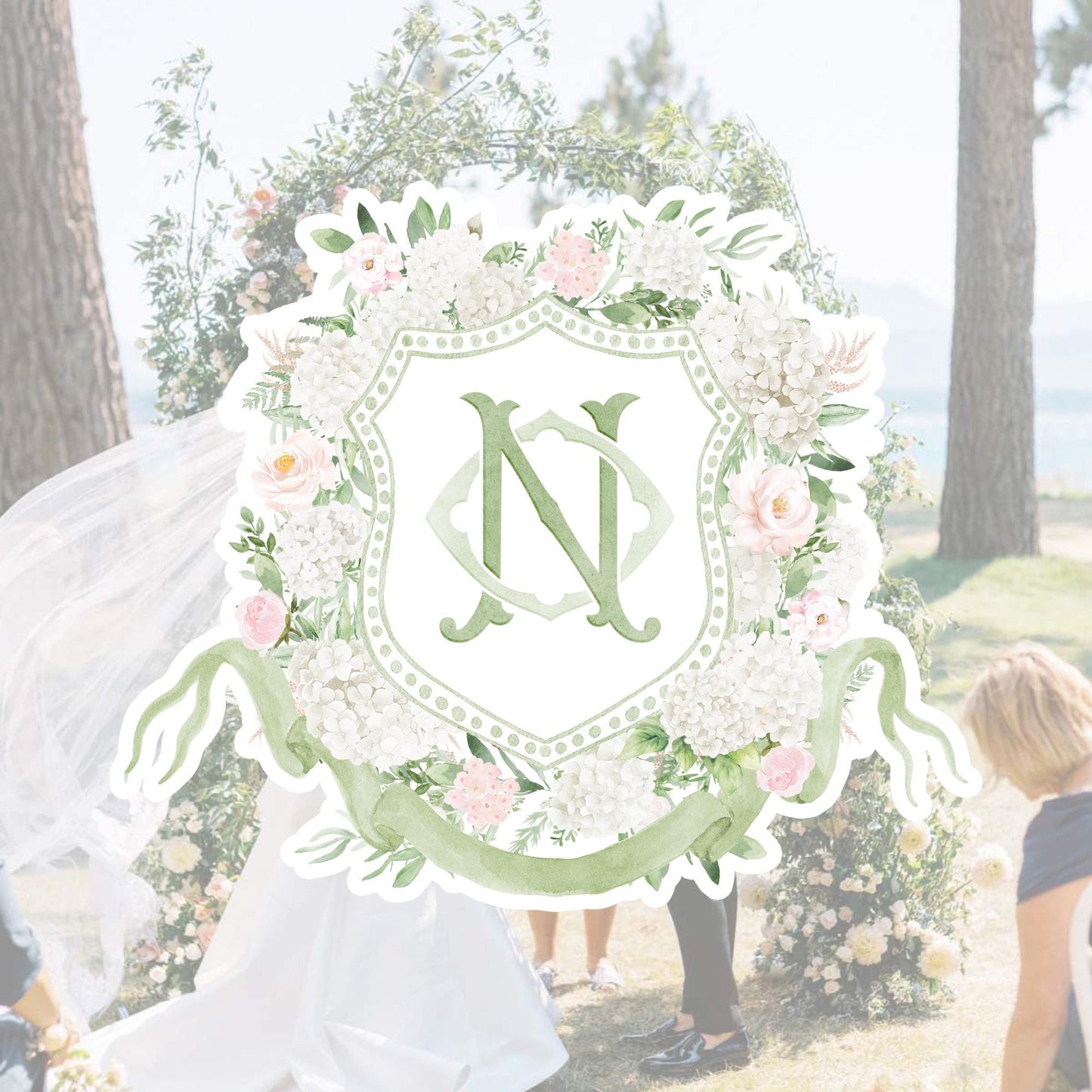 White Hydrangea Flower Wedding Crest - Monogram Crest - Light Pink Roses Hydrangea Floral Watercolor Wedding Crest - Romantic Wedding Crest