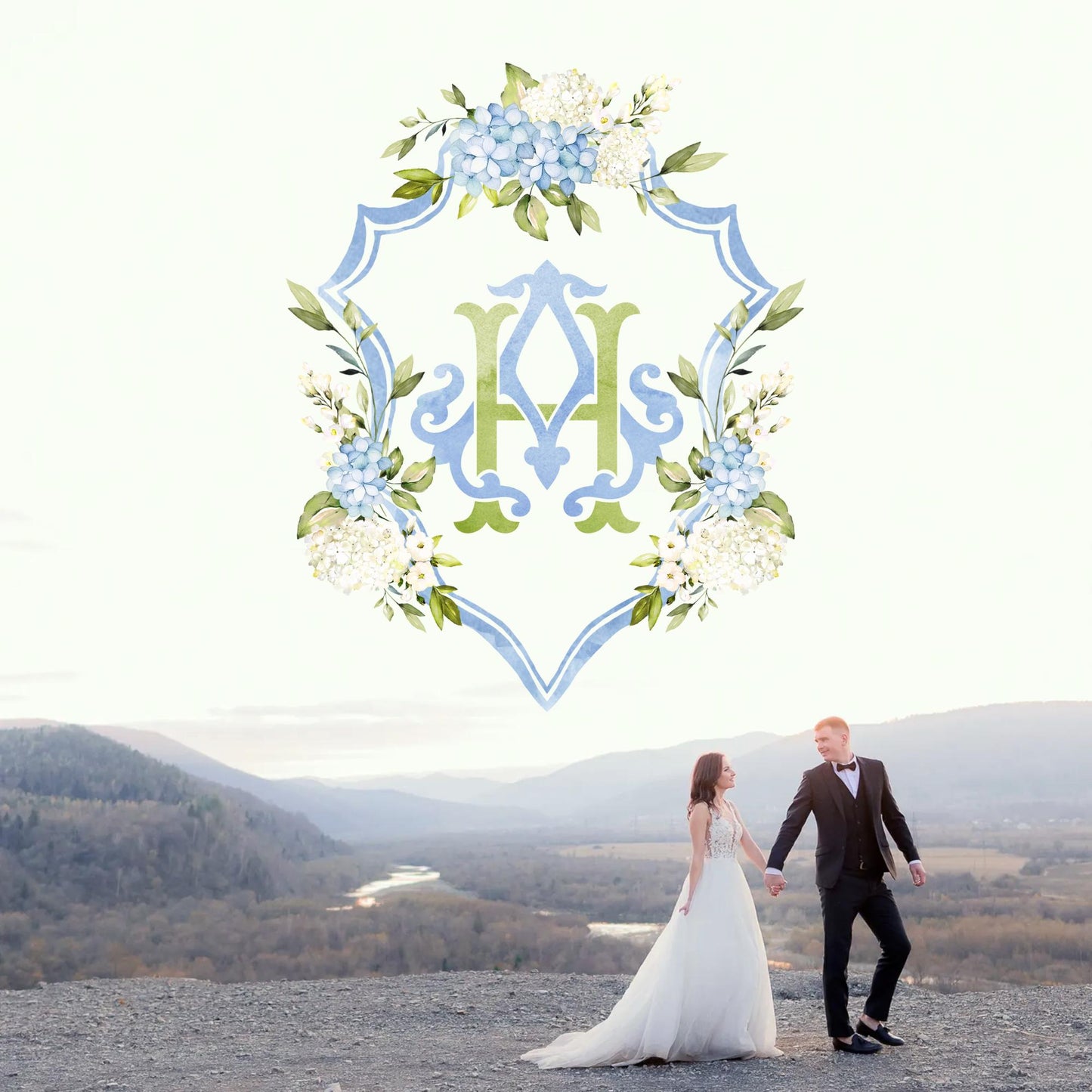 Hydrangea Flower Wedding Crest - Monogram Crest - Hydrangea Floral Luxury Watercolor Wedding Crest - Romantic Wedding Crest- Boho Hydrangea