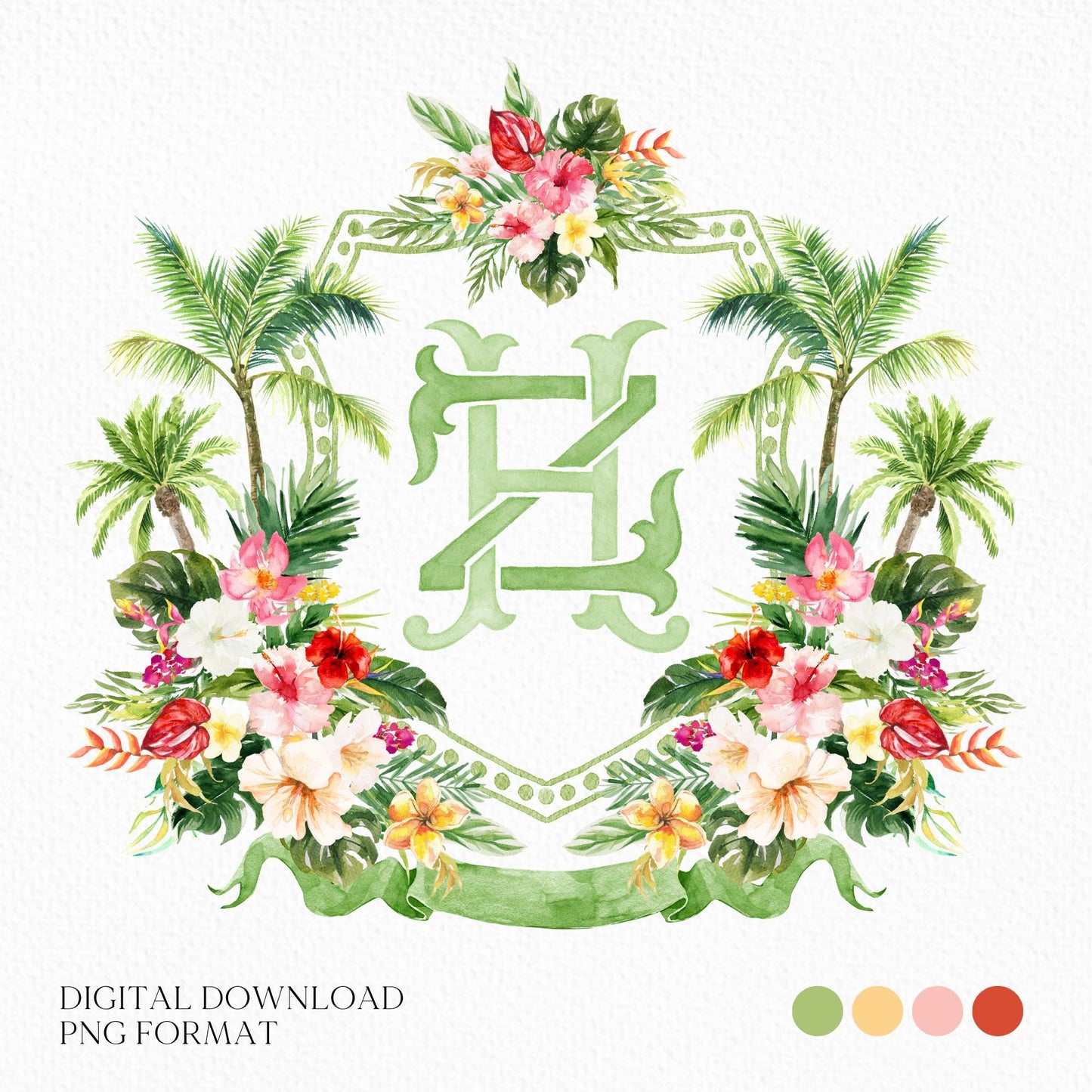 Tropical Palm Watercolor Flowers Wedding Crest - Monogram Crest - Watercolor Palm Springs Wedding Crest - Romantic Wedding