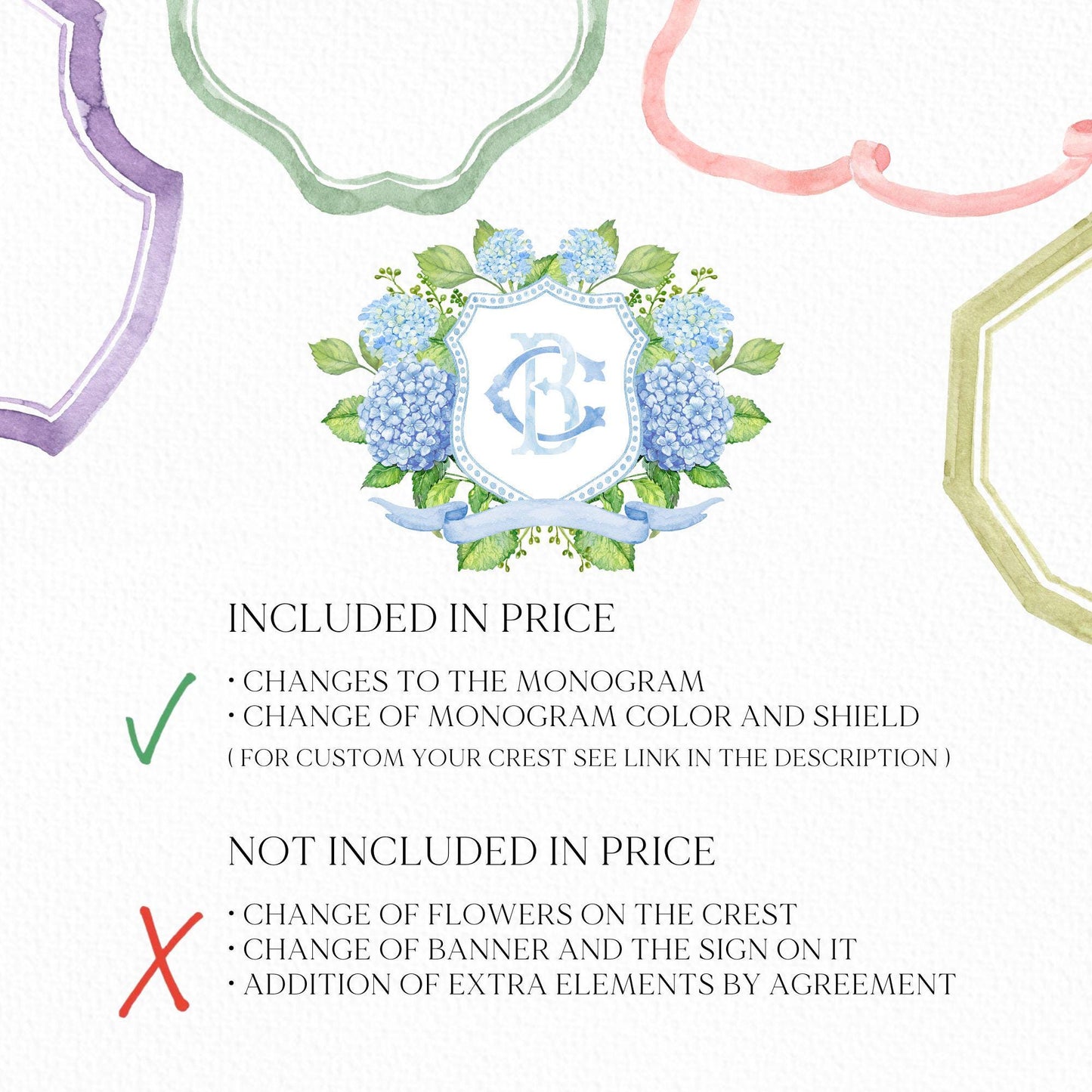 Hydrangea Blue Wedding Crest - Monogram Crest - Hydrangea Floral Luxury Watercolor Wedding Crest - Romantic Wedding Crest