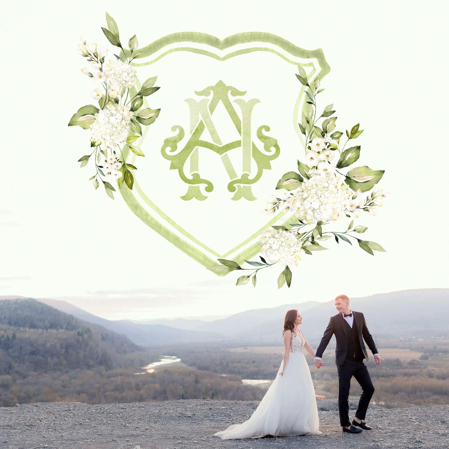 White Hydrangea Flower Greenery Wedding Crest - Monogram Crest - Hydrangea Floral Luxury Watercolor Wedding Crest - Romantic Wedding Crest