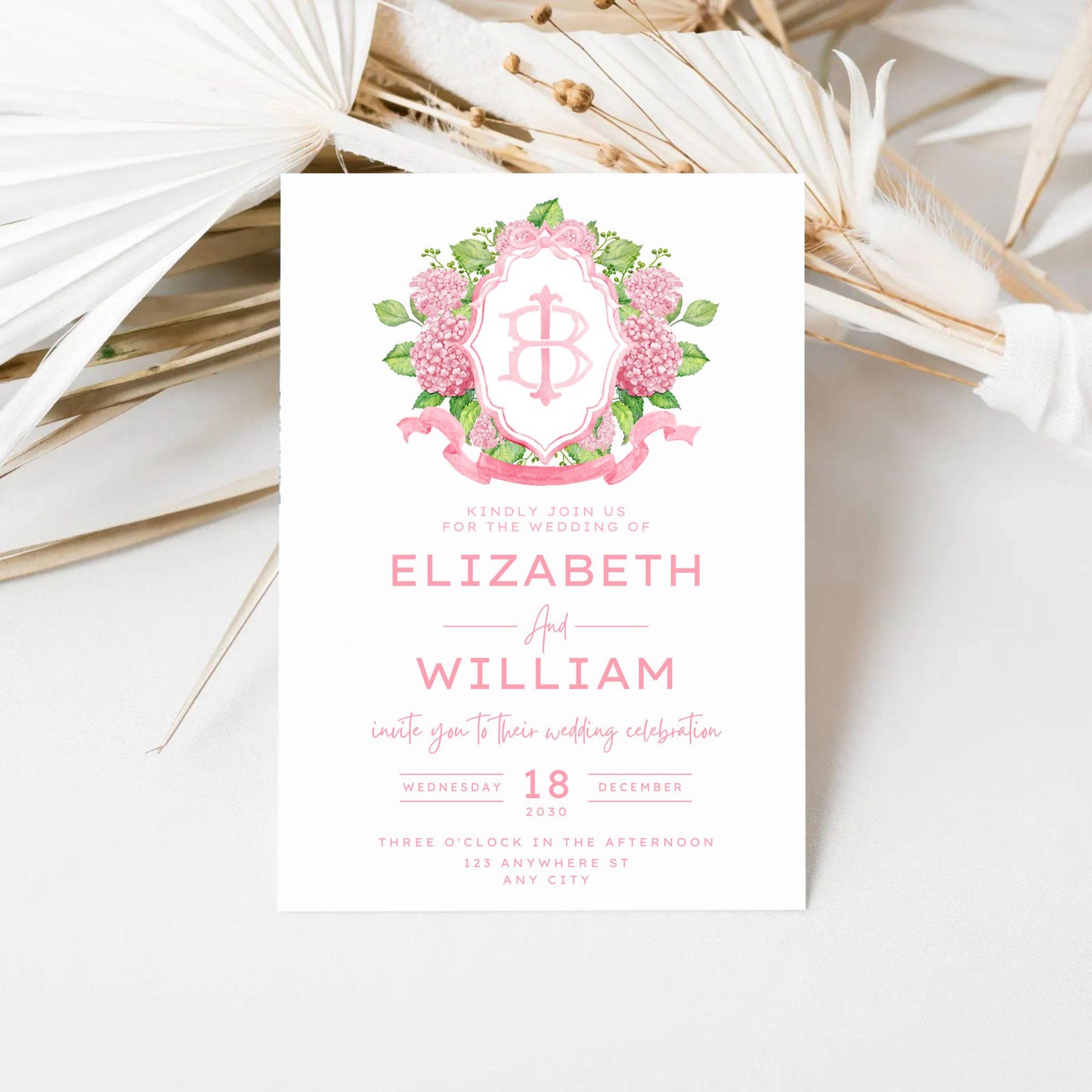 Pink Hydrangea Flower Wedding Crest - Monogram Crest - Hydrangea Floral Luxury Watercolor Wedding Crest - Romantic Wedding Crest