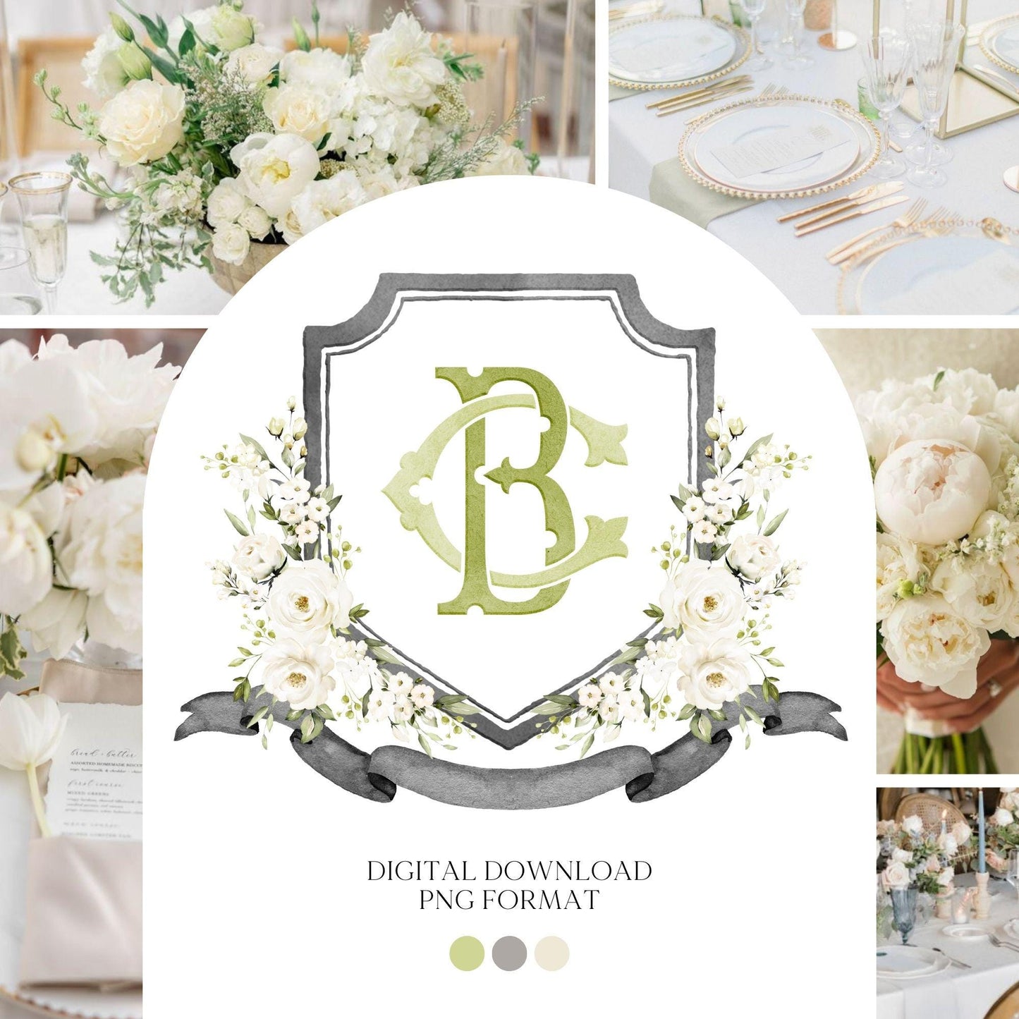 Creamy Rose Ivory Greenery White Flower Wedding Crest - Monogram Crest - White Floral Watercolor Wedding Crest - Romantic Wedding Crest