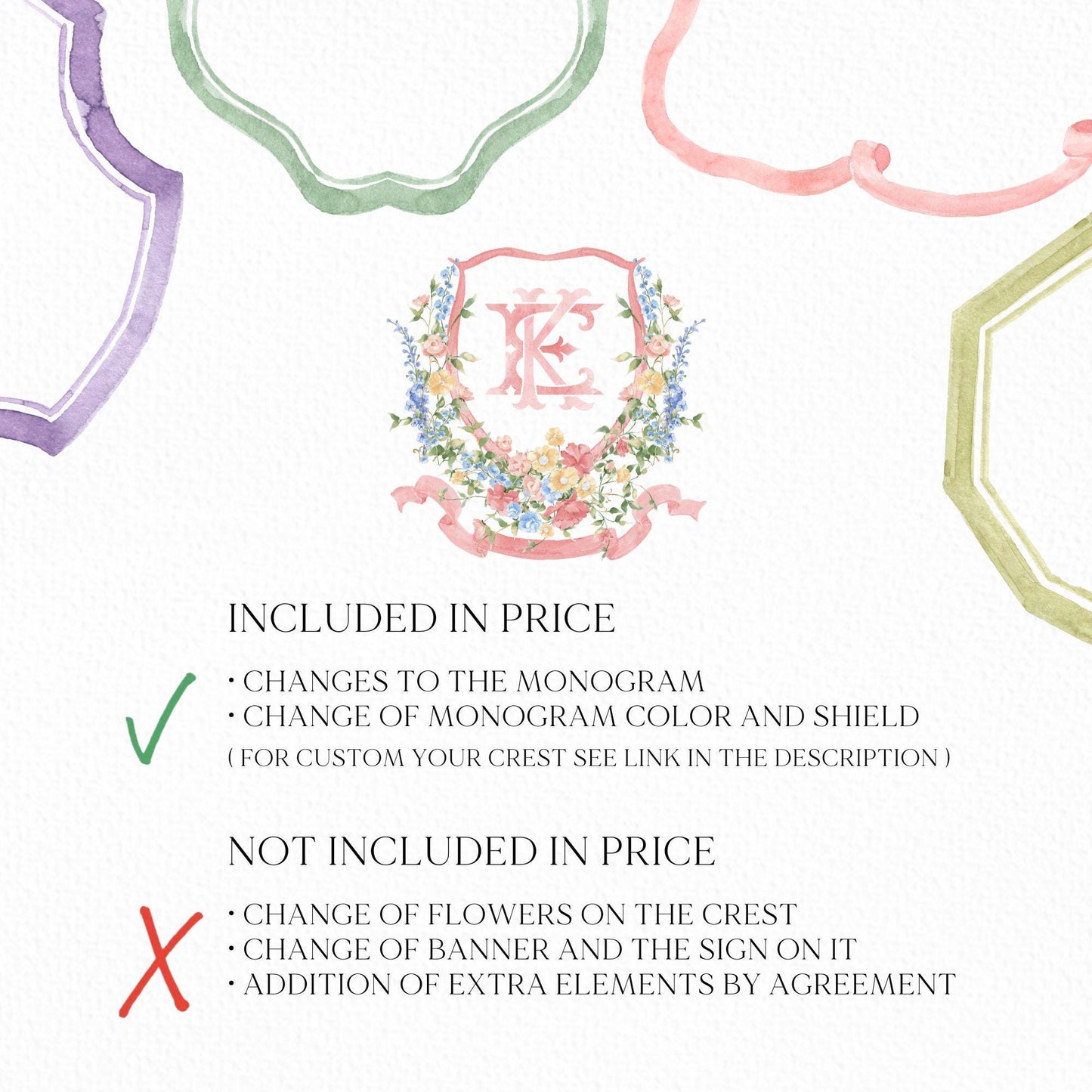 Wildflowers Pink Flower Garden Flowers Wedding Crest - Monogram Crest - Floral Luxury Watercolor Wedding Crest - Romantic Wedding Crest