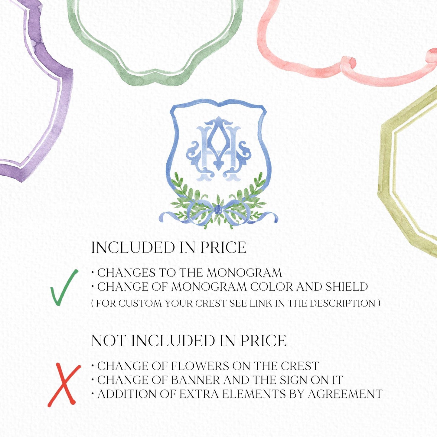 Watercolor Classic Eucalyptus Ribbon Flower Wedding Crest - Monogram Crest -  Luxury Watercolor Wedding Crest - Romantic Wedding Crest