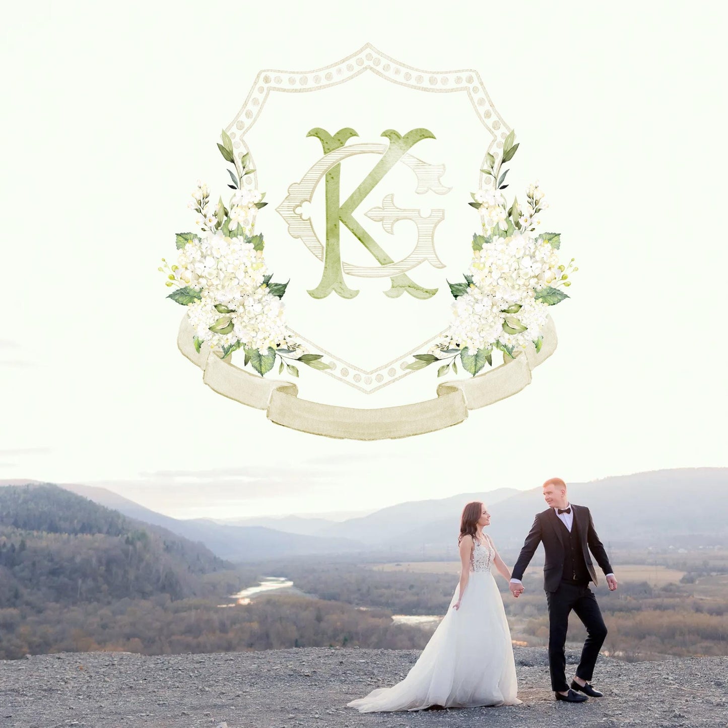 Hydrangea White Flower Wedding Crest - Monogram Crest - White Hydrangea Floral Luxury Watercolor Wedding Crest - Romantic Wedding Crest