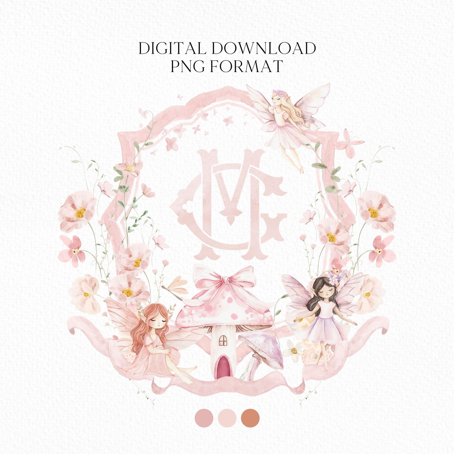 Fairy Enchanted Garden Crest - Monogram Crest - Wildflower Floral Luxury Watercolor Birthday Crest - Romantic Birthday Crest- Fairy