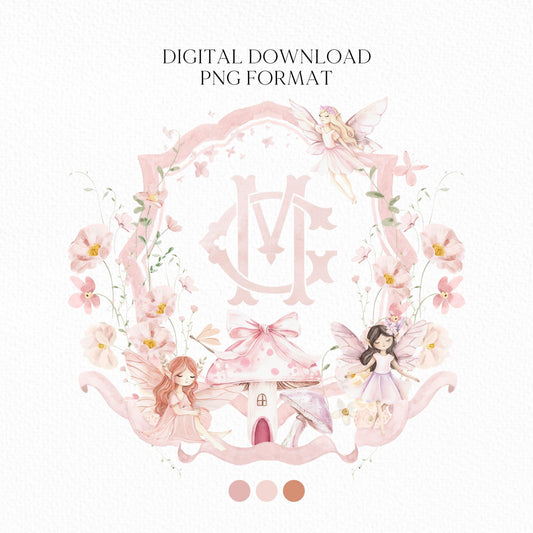 Fairy Enchanted Garden Crest - Monogram Crest - Wildflower Floral Luxury Watercolor Birthday Crest - Romantic Birthday Crest- Fairy
