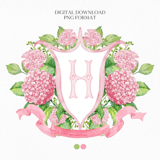 Pink Hydrangea Flower Wedding Crest - Monogram Crest - Hydrangea Floral Luxury Watercolor Wedding Crest - Romantic Wedding Crest