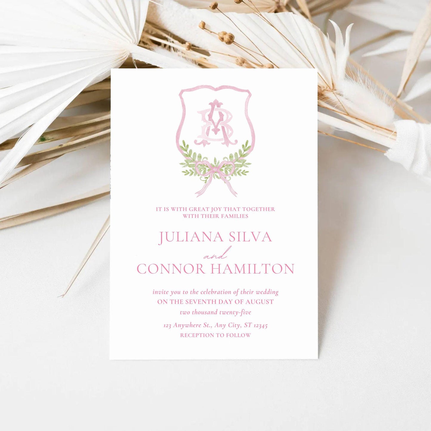 Pink Coquette Ribbon Bow Crest Wedding Crest - Monogram Crest - Pink Ribbon Bow Watercolor Wedding Crest Romantic Wedding Crest