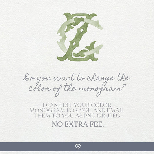 Watercolor Wedding Monogram ZC - Classic Initial Crest (Digital Download)