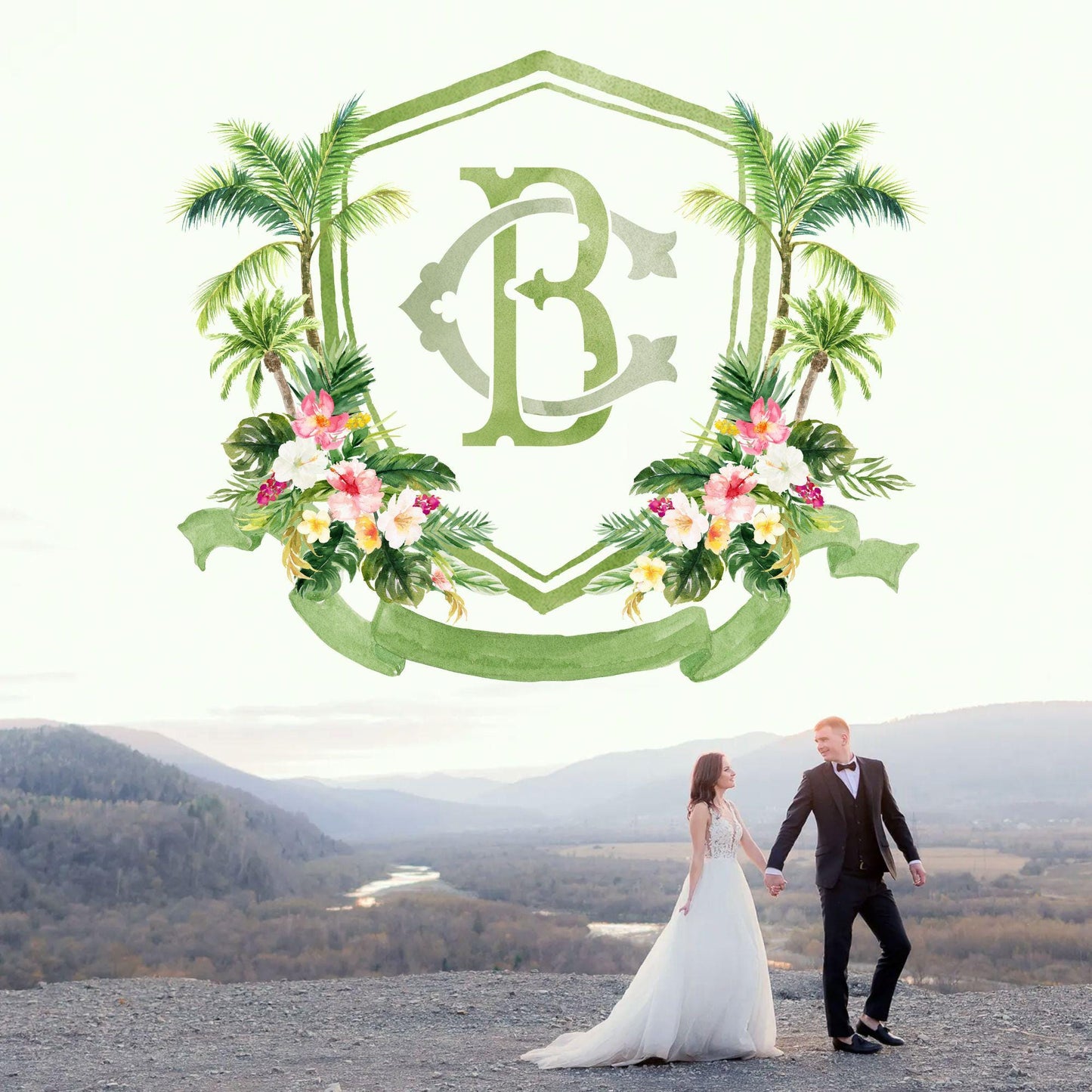 Tropical Watercolor Flowers Wedding Crest - Monogram Crest - Greenery Floral Blue Watercolor Wedding Crest - Romantic Wedding Crest