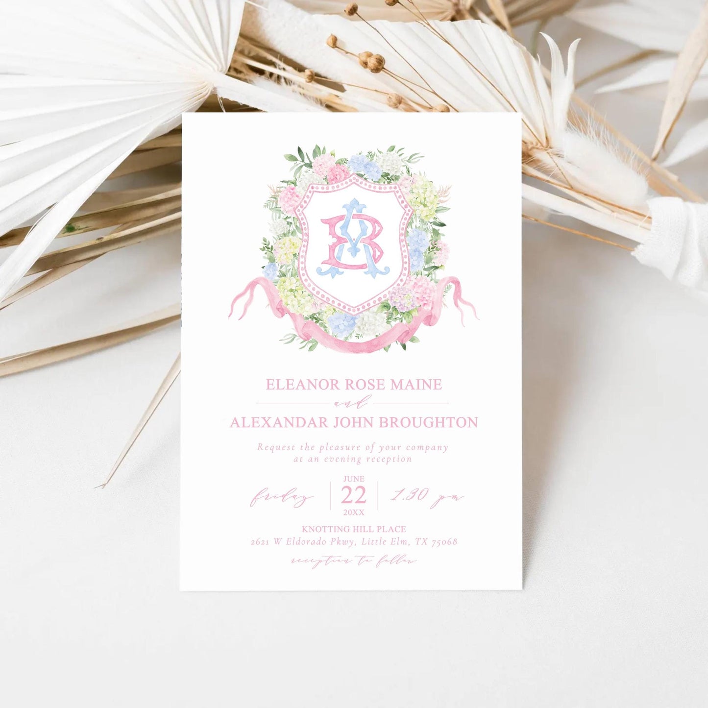 Blue White Pink Hydrangea Flower Wedding Crest - Monogram Crest - Pastel Color Hydrangea Floral Luxury Watercolor Wedding Crest