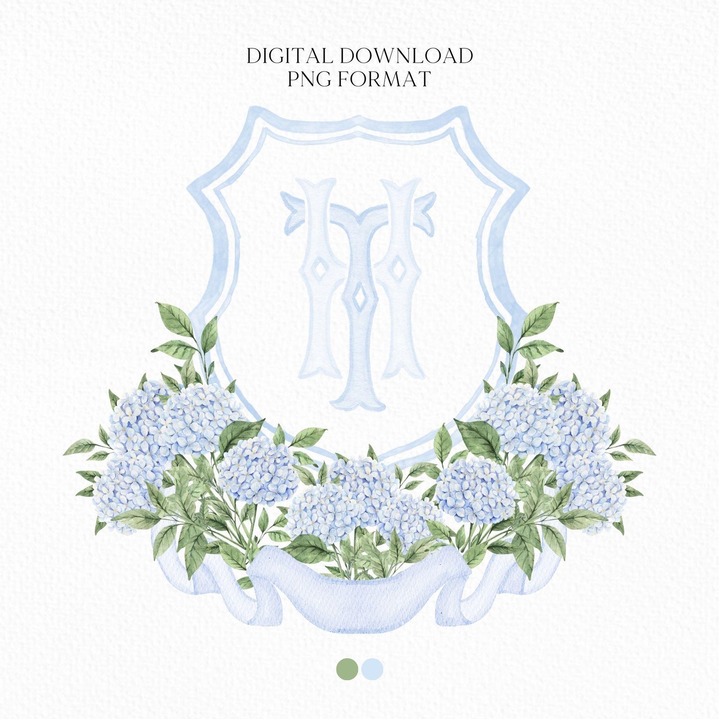 Blue Hydrangea Flower Wedding Crest - Monogram Crest - Hydrangea Light Blue Floral Luxury Watercolor Wedding Crest - Romantic Wedding Crest