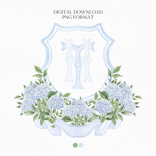Blue Hydrangea Flower Wedding Crest - Monogram Crest - Hydrangea Light Blue Floral Luxury Watercolor Wedding Crest - Romantic Wedding Crest